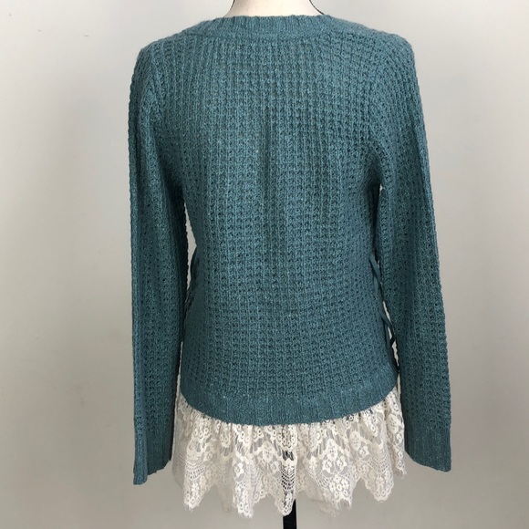 Knox Rose Floral Cream Lace Hem Green Loose Knit Cottagecore Sweater Sz M - Picture 3 of 8